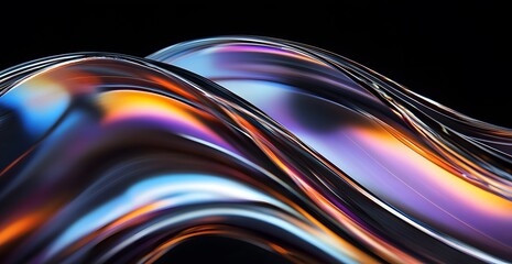 3D render Black background, gradient lines in the shape of curved edges, dark silver and light blue style, glassy texture, blurred motion effect, flowing curves,