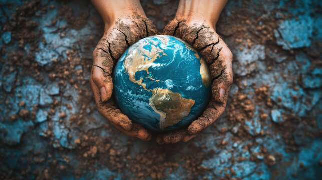 image depicts hands holding cracked Earth, symbolizing environmental concern and fragility of our planet. hands are earthy and textured, emphasizing connection between humanity and nature