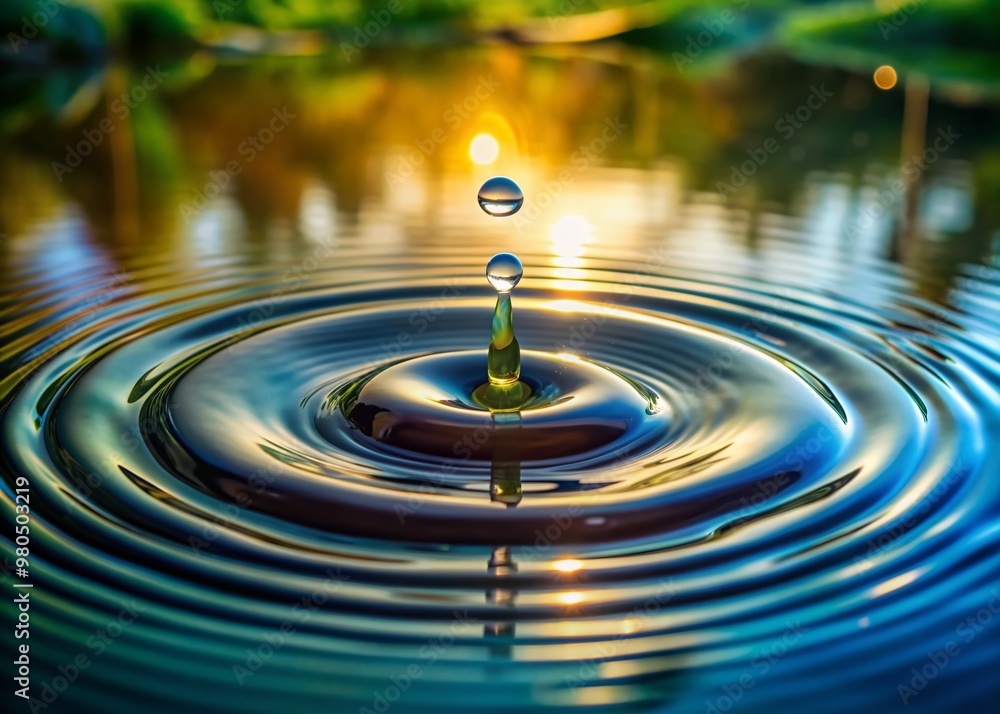Poster serene close-up of a single raindrop creating concentric ripples on a mirror-like water surface, cap