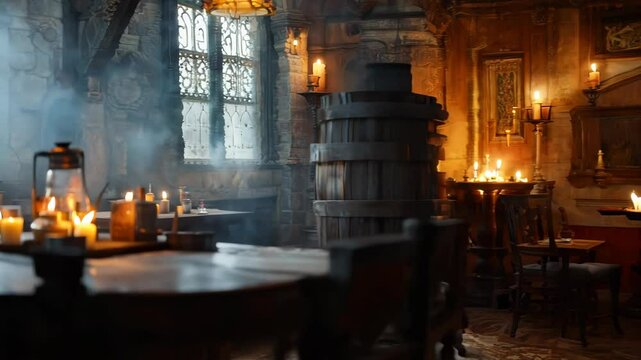 Rustic medieval tavern interior. Wooden tables, benches, and barrels. Warm, golden firelight from hearth and candles. Smoky atmosphere. Stone walls with arched windows. Cozy, intimate ambiance.	