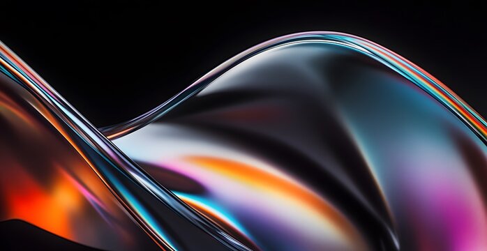 3D render Black background, gradient lines in the shape of curved edges, dark silver and light blue style, glassy texture, blurred motion effect, flowing curves,