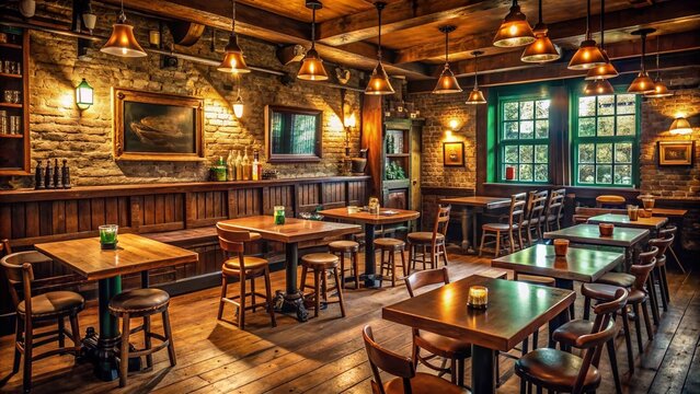 Cozy traditional Irish pub interior with rustic wooden tables, dim lighting, and a vintage empty blackboard awaiting daily specials, surrounded by warm earthy tones.