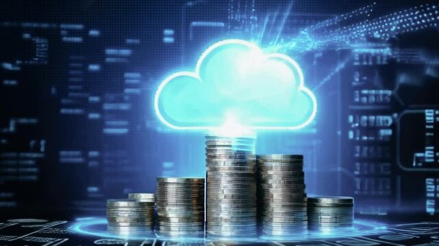 Stacks of coins with a glowing cloud icon on top against a futuristic blue background.