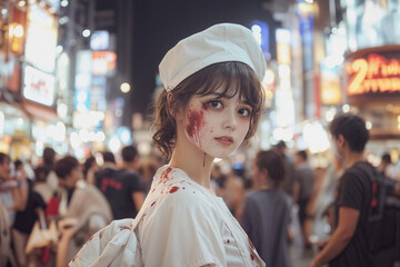 ハロウィーンの夜、渋谷の大通り・繁華街の人混みの中で、ゾンビナースの仮装をしている若い日本人女性(美人モデル)