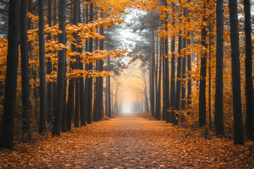 Fototapeta premium A serene forest scene with a pathway covered in fallen leaves, lined by tall trees with golden foliage, leading into the misty distance, evoking a sense of tranquility and peace
