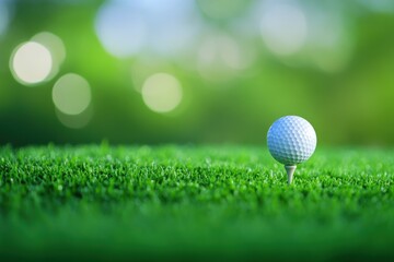 Obraz premium Golf ball on tee with green grass background, symbolizing precision and focus for an ideal golfing experience