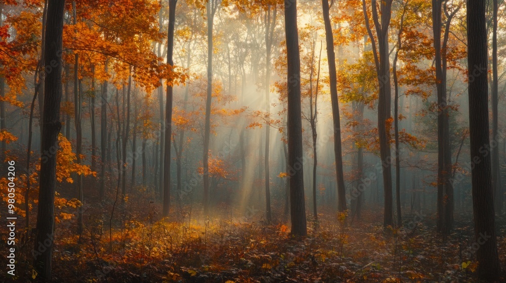 Poster Sunlight streams through the trees of a forest, illuminating the colorful leaves on the ground. The air is filled with a light mist, adding an ethereal quality to the scene.
