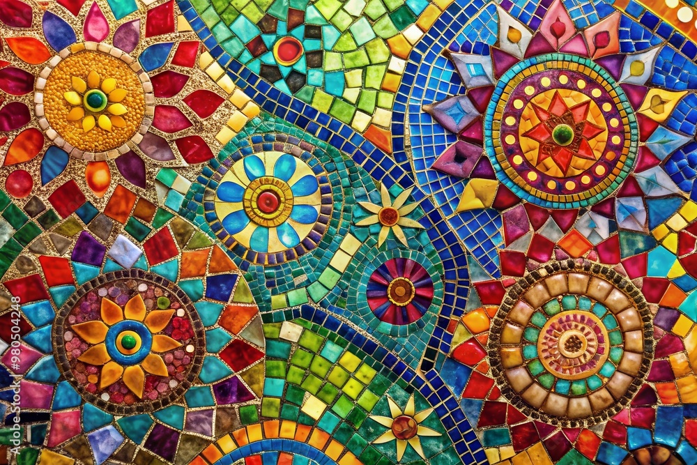 Poster vibrant abstract mosaic stone wall or floor texture featuring bold colors and intricate stained patt