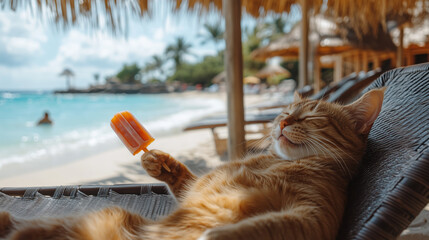 Relaxing cat enjoying popsicle on sunny beach, feeling blissful