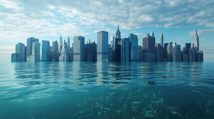 Fototapeta premium image depicts futuristic view of city skyline partially submerged in water, illustrating impact of sea level rise on coastal cities. serene yet alarming scene evokes sense of urgency regarding climat