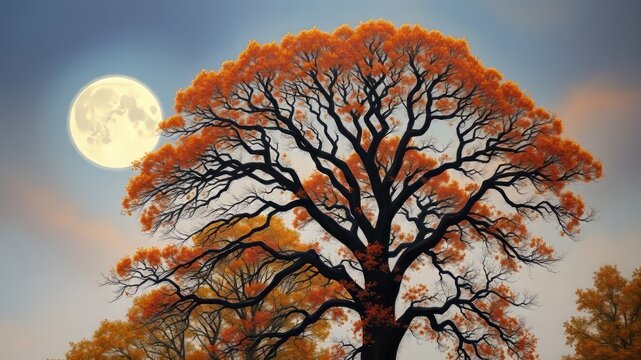 A mystical rising moon casts an ethereal glow over towering trees with autumnal hues, symbolizing the introspective and
