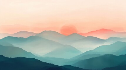 Obraz premium A tranquil landscape showcases a soft gradient of colors at dawn, with misty mountains illuminated by gentle sunlight