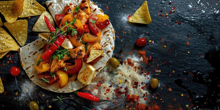 Fajita Chicken Wrap with Bell Peppers, Onion, Butter, Oil, Black Pepper, Thyme, Salt, Garlic, Piccalilli, Ketchup, Mayonnaise, and Crispy Potato Chips
