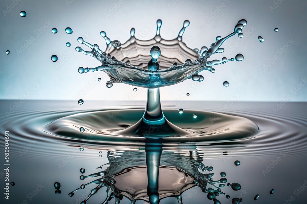 Poster water droplets suspend in mid-air, frozen in time, forming a mesmerizing splash pattern against a pr