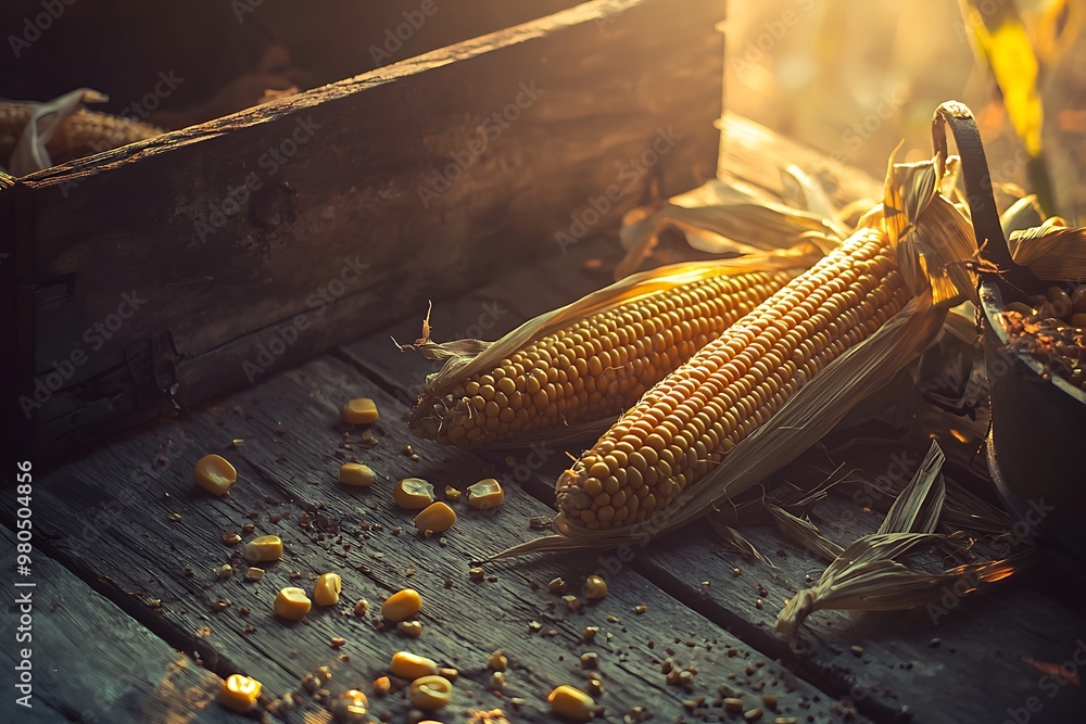 Poster two ears of corn with husks on a wooden table with kernels scattered around.