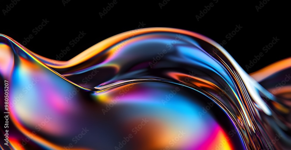 Poster a close-up of the curved edges 3d rendered iridescent colors against a black background. the focus i