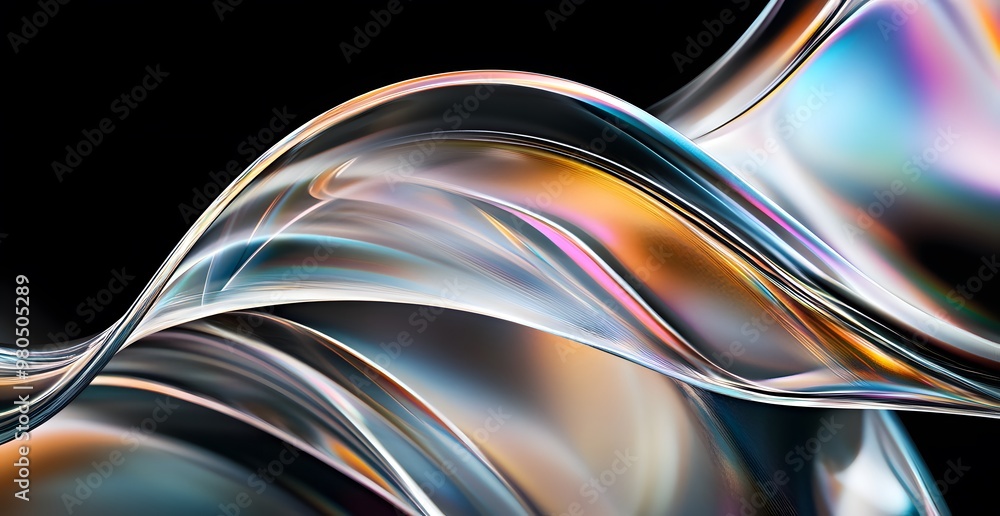 Poster a close-up of the curved edges 3d rendered iridescent colors against a black background. the focus i