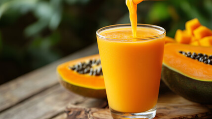 Fototapeta premium A glass of fresh papaya smoothie being poured, with sliced pieces and halved papaya on a wooden table