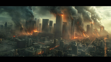 Skyscrapers Engulfed in Flames and Smoke as War Devastates a Modern City