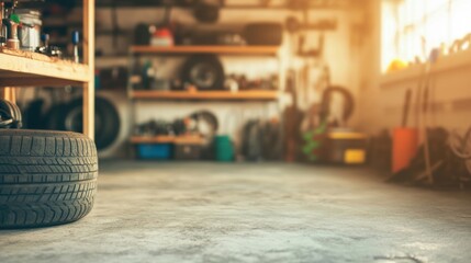 The auto workshop displays an array of tools and neatly stacked tires, illuminated by natural light from the window