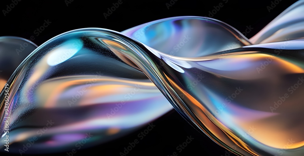 Poster a close-up of the curved edges 3d rendered iridescent colors against a black background. the focus i