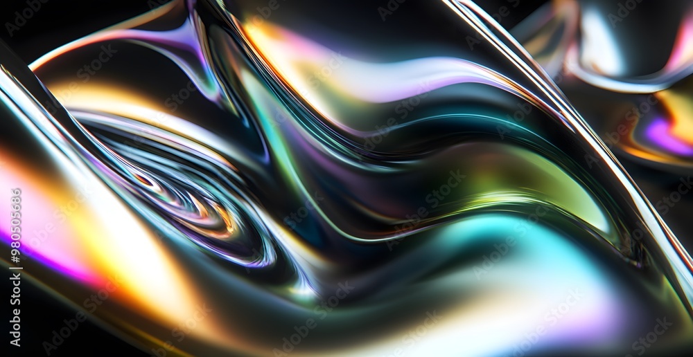 Poster a close-up of the curved edges 3d rendered iridescent colors against a black background. the focus i