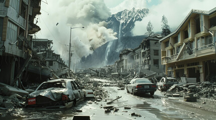 War Conflict Scene Mountain Town Destroyed by Explosions and Rubble 