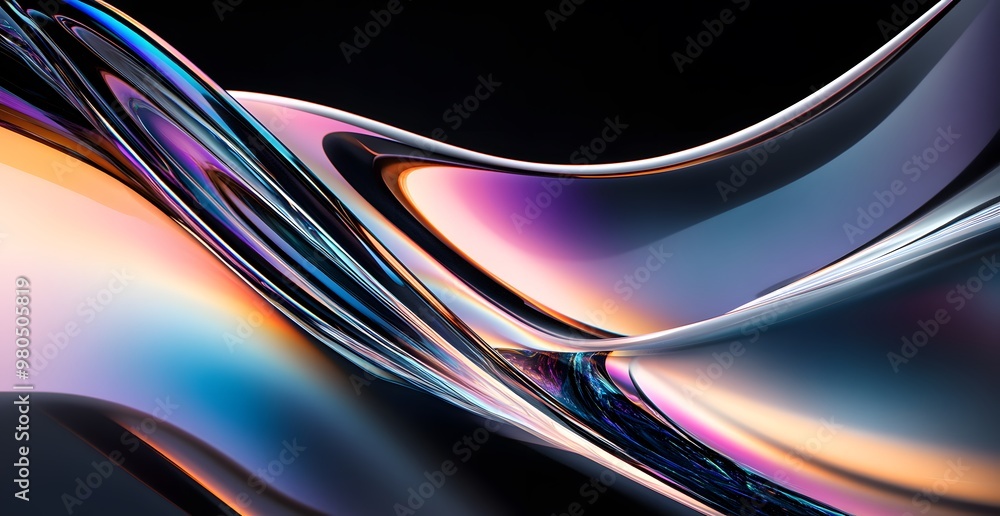 Poster a close-up of the curved edges 3d rendered iridescent colors against a black background. the focus i