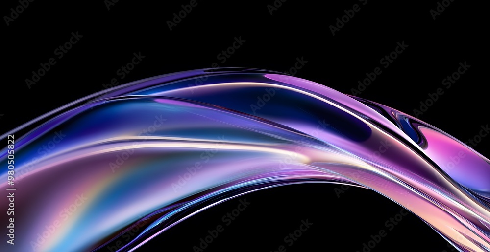 Poster a close-up of the curved edges 3d rendered iridescent colors against a black background. the focus i