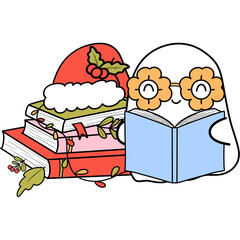 Groovy retro christmas ghost reading book clipart, Trendy hippie bookish cartoon doodle drawing art illustration
