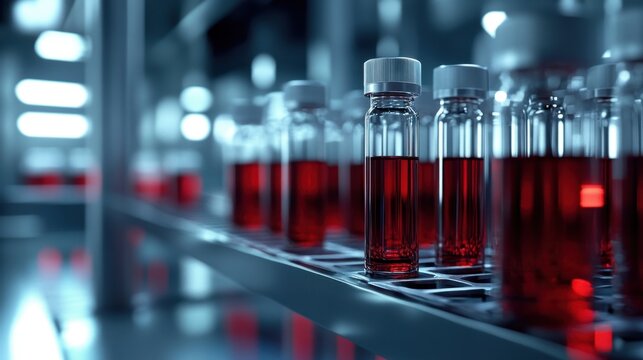 Row of blood vials in a sterile laboratory environment with light reflecting off the glass and clean metal surfaces