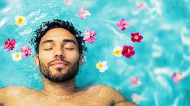 A man floats in a tranquil pool surrounded by colorful flowers, embracing a peaceful moment under the sun