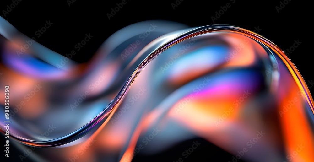 Poster a close-up of the curved edges of an object, rendered iridescent colors against a black background. 