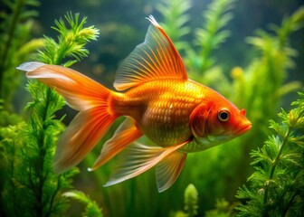 Vibrant orange goldfish with flowing fins and scales shimmering in sunlight swims solo in a minimalist aquarium surrounded by lush green aquatic plants.