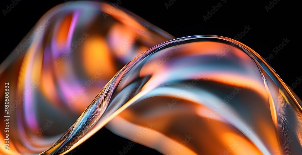 Poster a close-up of the curved edges of an object, rendered iridescent colors against a black background. 