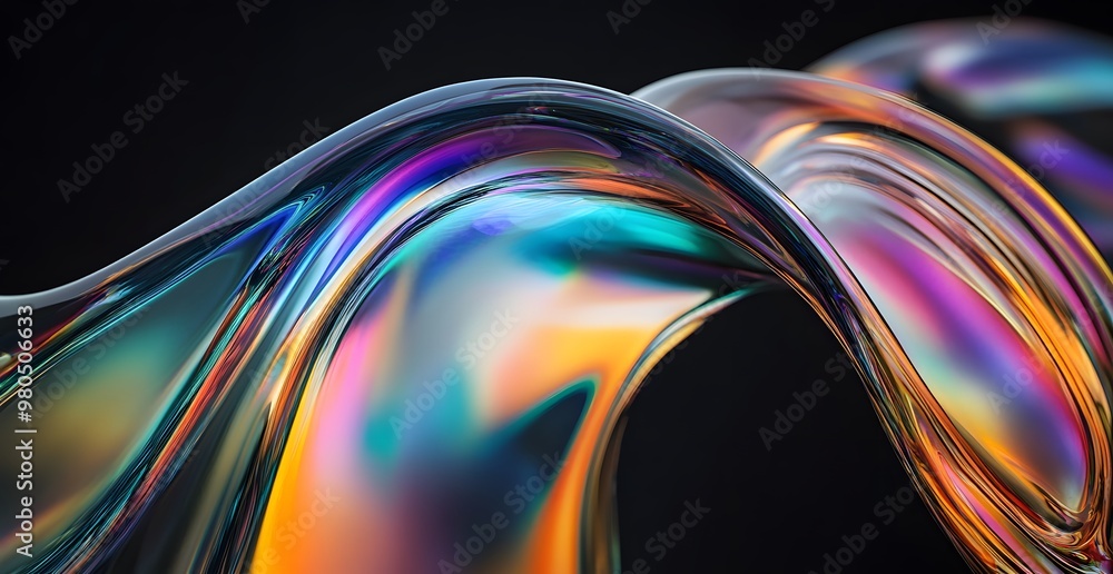 Poster a close-up of the curved edges of an object, rendered iridescent colors against a black background. 