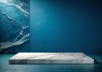 Luxurious white marble slab featuring bold, contrasting veins on a rich, solid ocean blue background, evoking elegance and sophistication in a modern setting.