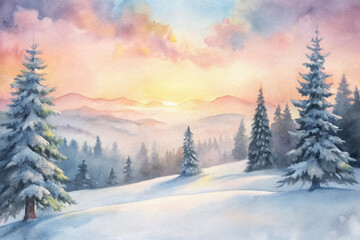 A painting of a snowy landscape with a sun setting in the background