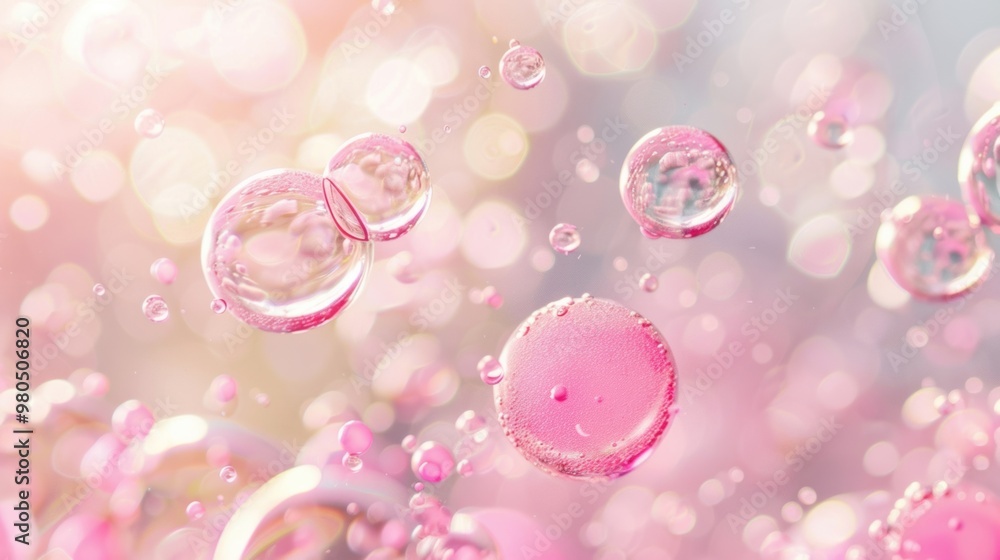 Poster delicate pink bubbles hover in clear liquid, creating a serene and dreamy atmosphere with soft light
