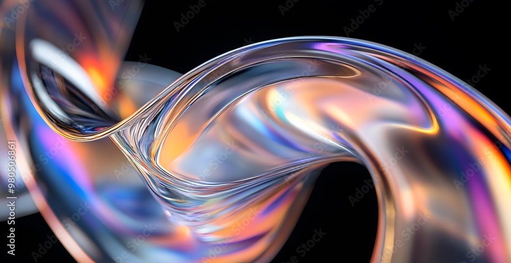 Poster a close-up of the curved edges of an object, rendered iridescent colors against a black background. 