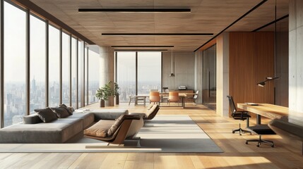 Obraz premium Modern two floors wooden and concrete duplex office interior with panoramic city view, furniture and daylight. 3D Rendering
