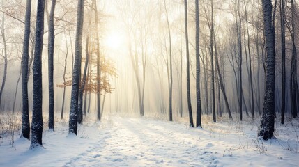 Naklejka premium Winter forest landscape with soft sunlight filtering through bare trees and light snow covering the ground