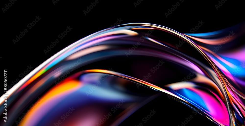 Poster a close-up of the curved edges of an object, rendered iridescent colors against a black background. 