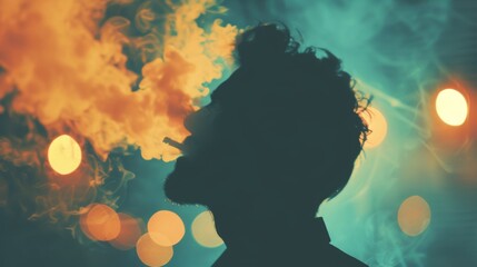 A figure in silhouette exhales smoke while enjoying a cigarette amid a colorful nighttime atmosphere filled with glowing lights