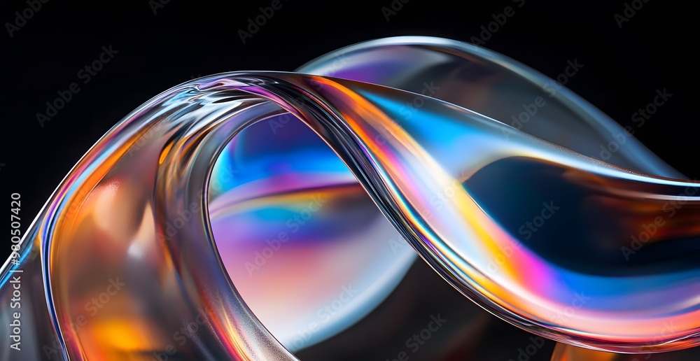 Poster a close-up of the curved edges of an object, rendered iridescent colors against a black background. 