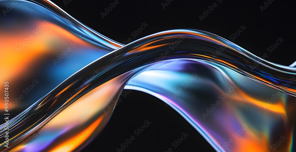 Poster a close-up of the curved edges of an object, rendered iridescent colors against a black background. 