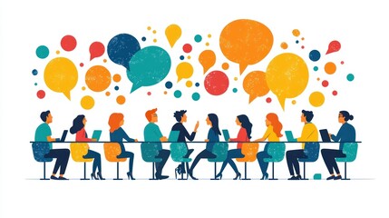 Creative Business Brainstorming Session with Diverse Team Members in Flat Illustration Style with Copy Space