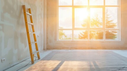 Renovation work taking place in a room with a ladder and construction tools, illuminated by warm sunlight from the large windows