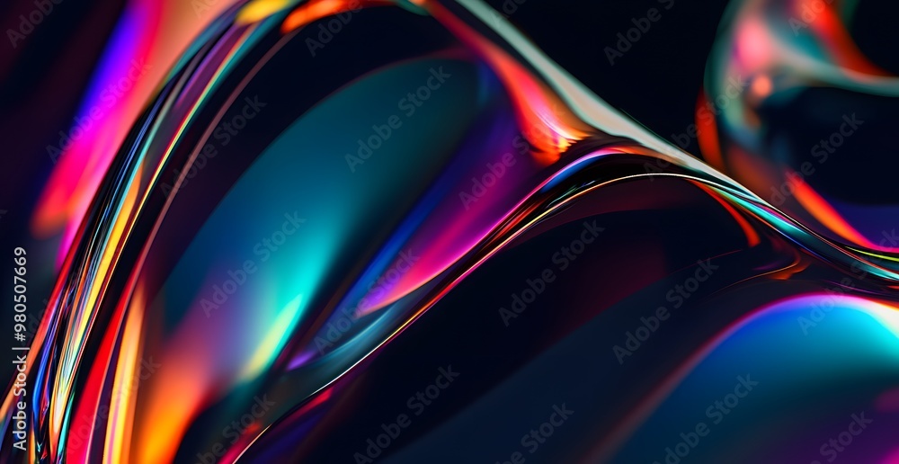Poster a close-up of the curved edges of an object, rendered iridescent colors against a black background. 
