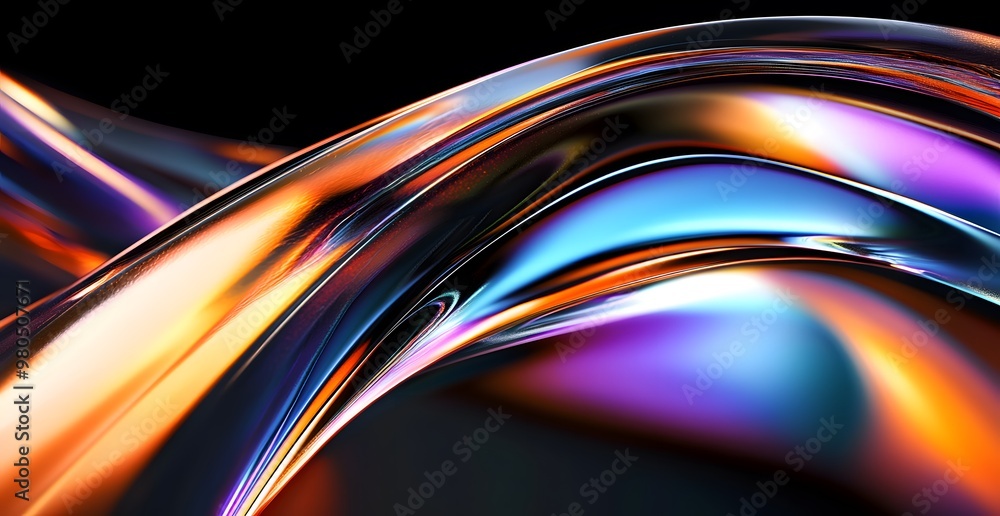 Poster a close-up of the curved edges of an object, rendered iridescent colors against a black background. 